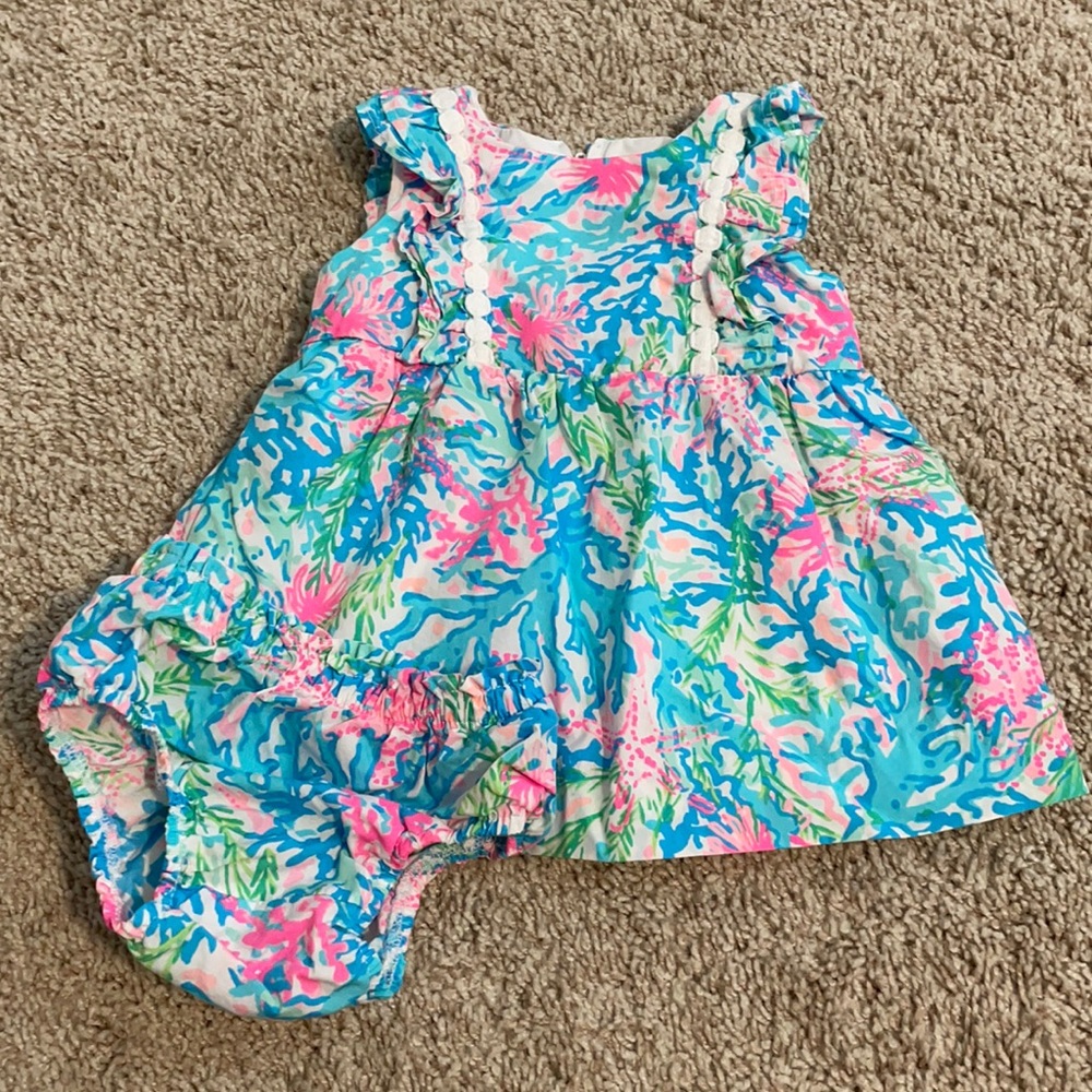 Lilly Pulitzer annabelle dress with bloomers in coral bay print girls 3-6 months